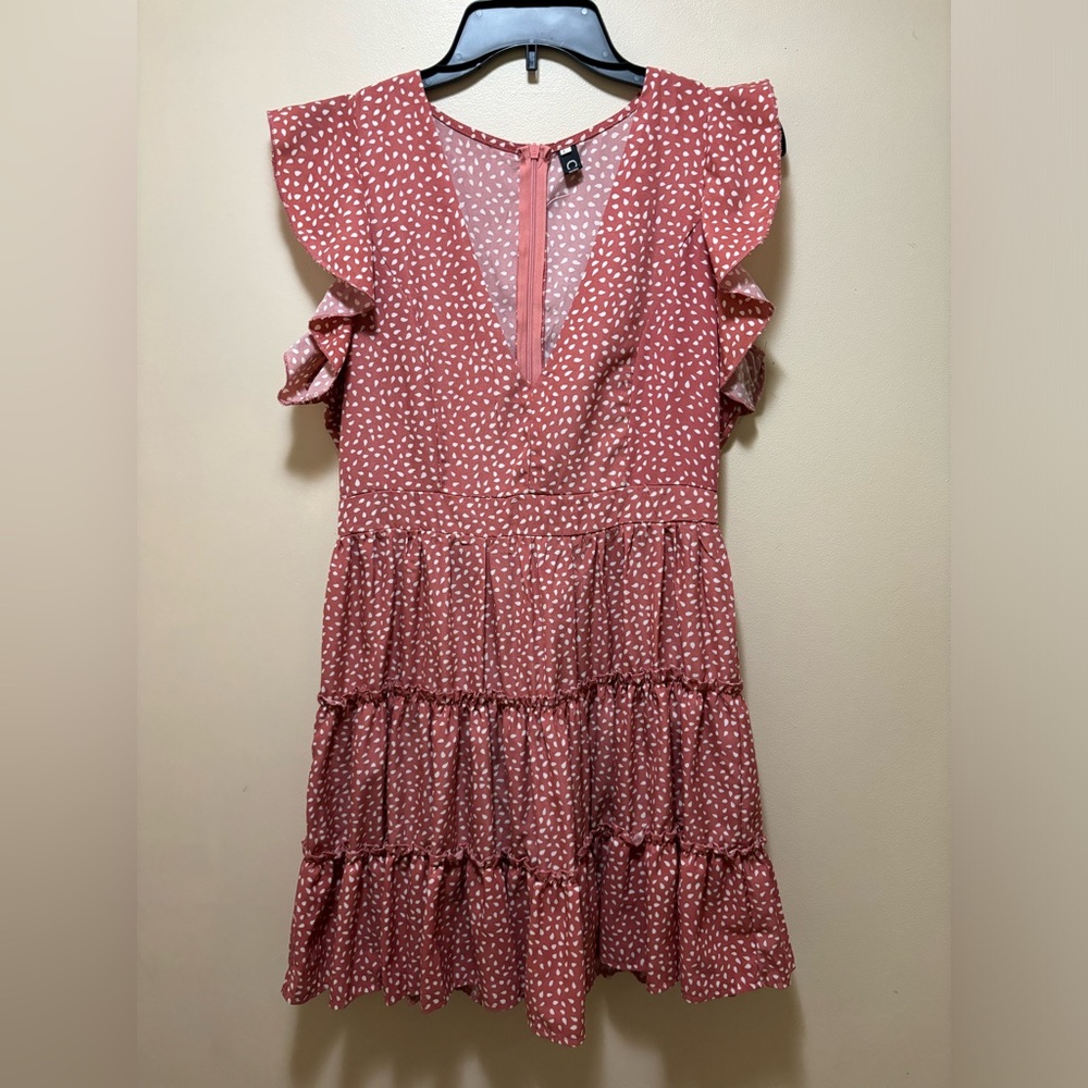 Peach and white polka dot ruffle tiered dress